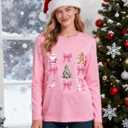 Christmas Shirts for Women Retro Pink Santa Vintage Cute Christmas Tree and Bow Graphic Xmas Vacation Tees Top (Pink, M)