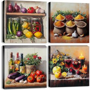 Kitchen Wall Art Colorful Mason Jar Wall Decor Farmhouse Spices Food Wine Herbs Vegetable Pictures for Dining Room Rustic Vintage Still Life Painting Canvas Prints Restaurant Home Decoration 12x12" 4P