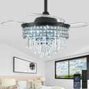 Smart Crystal Fandelier with APP Control, 36" Retractable Ceiling Fan Light - Dimmable LED Chandelier Fan, Silent Copper Motor & K9 Crystal Design for Bedroom/Living Room (9306-Black)