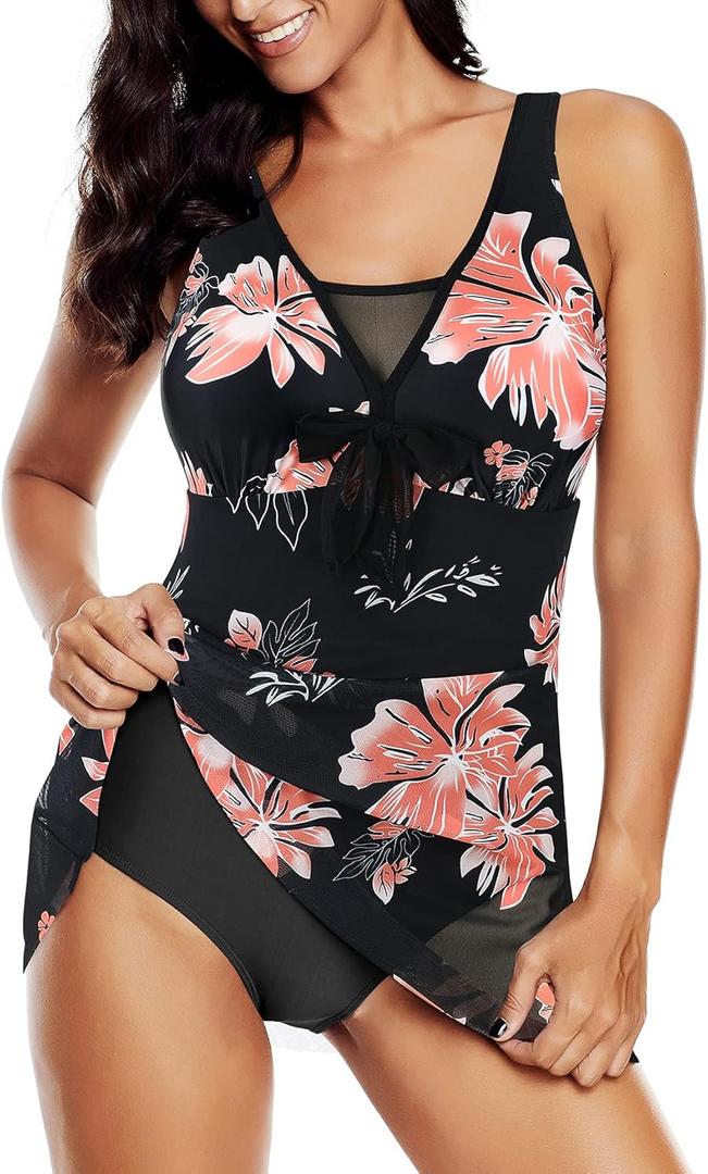 American Trends Bathing Suits Tummy Control Womens Mesh Swimdress One Piece Swimsuits for Women Athletic Swimwear (18-20, Pink-floral)