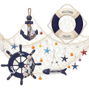 Marsui 11 Pcs Wooden Nautical Wall Decor Fishing Net Decoration, Include Decorative Fishing Net, Ship wheel, Fish Skeleton, Life Ring, Anchor, Starfish Beach Decor for Mediterranean Party (Khaki)