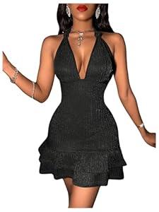 Milumia Women's V Neck Halter Bodycon Mini Dress Tie Backless Party Club Short Dresses Black X-Large