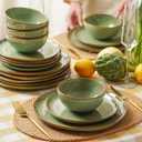 Stoneware Dinnerware Sets for 8, Reactive Glaze Plates and Bowls, Green