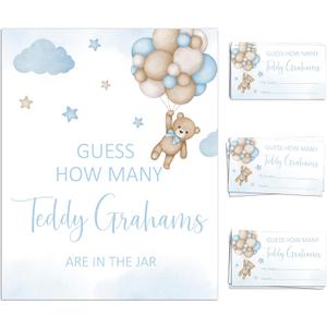 noxozoqm We Can Bearly Wait Baby Shower Games Guess How Many Bear Game Sign and String Card for 50 Guests for Boys Baby Shower, Routine, Blue
