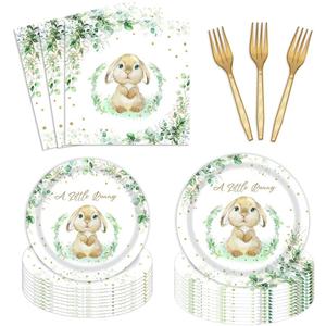 96 Pcs Bunny Party Tableware Set Spring Easter Eucalyptus Rabbit Party Supplies Set 24 Guests Plates Paper Napkins Plastic Forks for Birthday Baby SAYwer Party