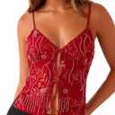 Ythomm Women Sequin Cami Tank Tops Sparkle Rhinestone Sleeveless Camisole Tie Up Front Backless Y2k Crop Tops Summer Clubwear (Large, Red)