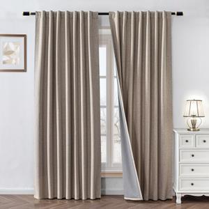 100% Blackout Curtains 90 inch Length 2 Panels Faux Linen Long Drapes for Bedroom Living Room Black Out Room Darkening Curtain Thermal Insulated Back Tab Rod Pocket(W52 x L90, Light Beige)
