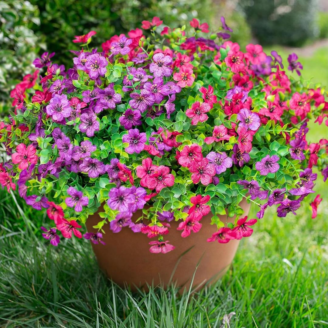 florisso Artificial Flowers for Outdoors Daisy 12 Bundles for Home Decoration, Faux Flower Fake Plants Outside Decoration with Eucalyptus UV Resistant for Planter Porch Patio Yard Garden Purple Pink