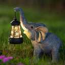 Solar Garden Statue Lights Elephants Figurine with Solar Lantern, Outdoor Yard Decorations for Patio Porch Home, Mothers Day Decorations Gift for Women - Unique Housewarming Gifts (Gray)