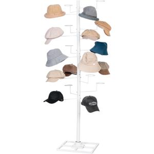MyGift Freestanding Cowboy Hat Rack Stand for Display, 360 Degree Rotating Wig Tree, Baseball Cap Organizer with 20 Customizable Circular Hooks, 6 Foot Height, White Metal