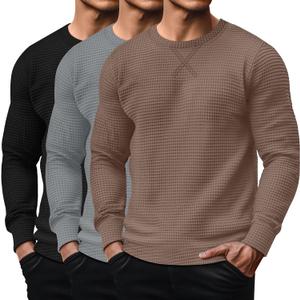 3 Pack Men's Waffle Long Sleeve Shirts, Crew Neck Thermal Textured Underwear Tops Lightweight Pullover Sweaters (Large, Black, Gray, Coffee)