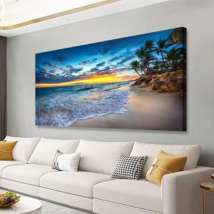Beach Sunset Pictures Canvas Wall Art For Living Room Bedroom Wall Decor,Sunset Wall Art Print Paitnings for Home Decor,Morden Artwork Palm Coconut Tree Canvas Art Ready to Hang-24x48 Inches
