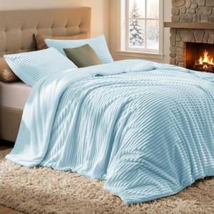 Fleece Comforter Set Queen Size-Super Warm & Lightweight Fluffy Winter Comforter(90"x90"), Luxury Fuzzy Blue Bed Set with 2 Pillowcases