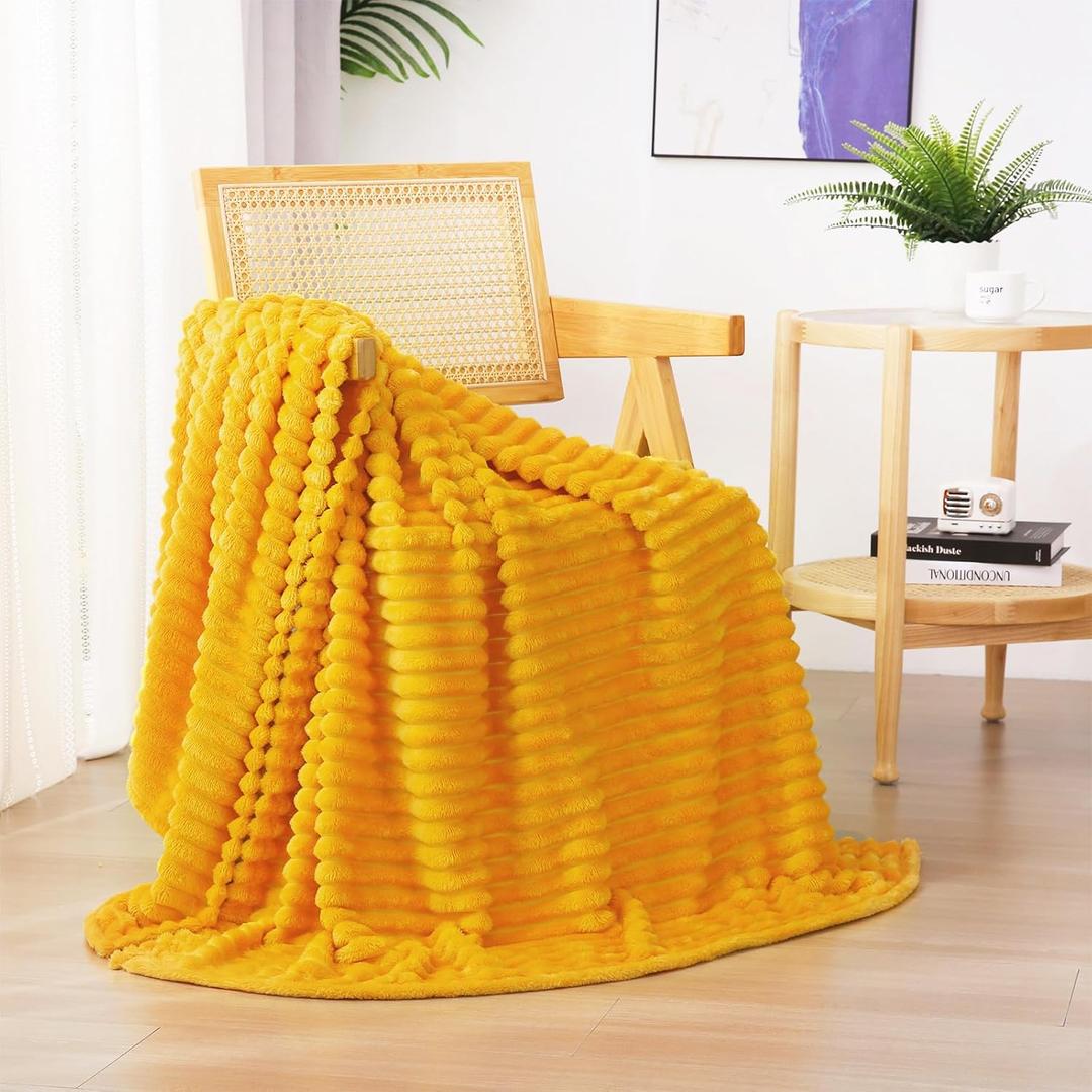 Linecooo Yellow Fleece Throw Blanket 5060 for Couch Sofa Bed,Super Soft Cozy Plush Microfiber Flannel Blanket with 3D Stripes Lightweight for Adults,Woman,Girls,Gold