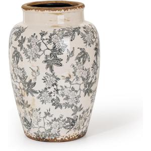 Sungmor Ceramic Flower Vase, Vintage Ice Cracked Glaze Porcelain Vase, Pretty Home Decor Vase for Flower Arrangement, Fresh Flowers, 10.2 Inch Tall Chinoiserie Pottery Vase, Gray Floral Pattern