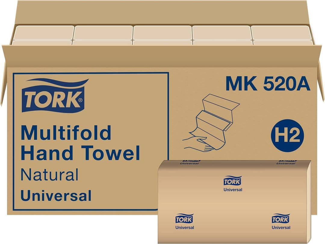 Tork Multifold Hand Towel, Natural, 100% recycled, FSC certified, Compatible with H2 Dispensers, 16 packs x 250 sheets (MK520A)