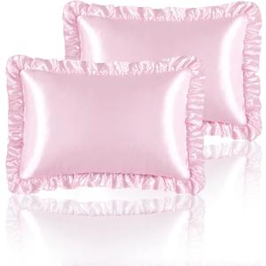 Silky Satin Ruffled Pillow Cases for Hair and Skin,Pink Silk Pillowcases Standard Set of 2 with Envelope Closure Princess Room Decoration