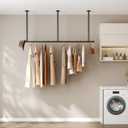 Industrial Pipe Clothing Rack Heavy Duty, Ceiling Mounted Clothes Rack, Black Garment Bar, Wall Mounted Hanging Rod for Space Saving,Black,62inch