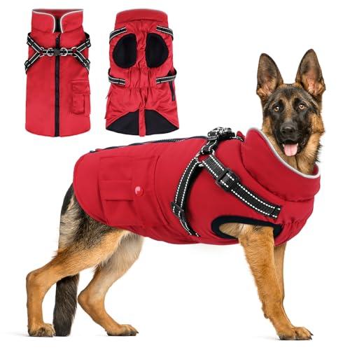 Dog Winter Coat with Harness Built-in | Waterproof Dog Jacket with Zipper & Fleece Lining | Reflective Cold Weather Coat for Small Medium Large Dogs, Size: L