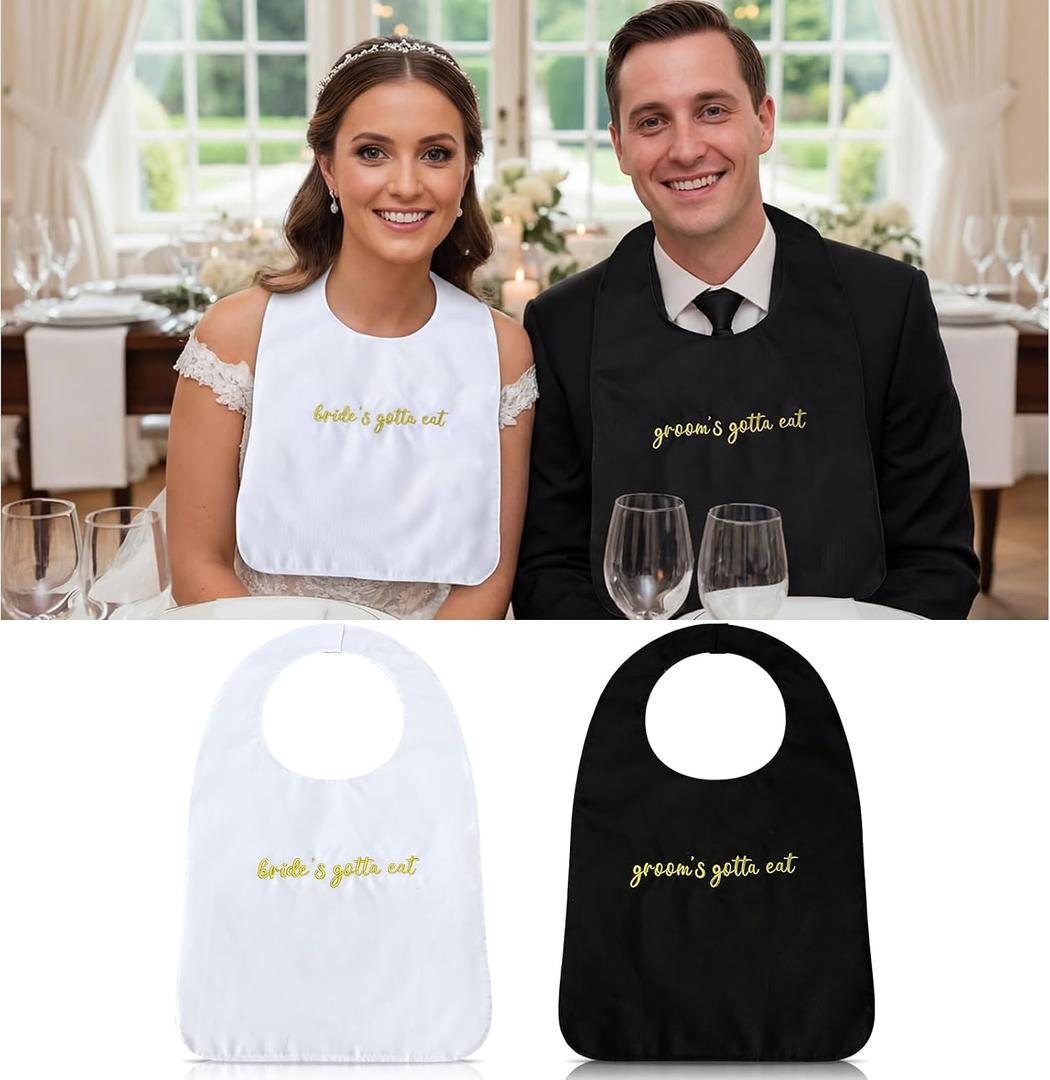 Chicingyou 2 Pcs Wedding Adult Bibs for Bride and Groom Gold Embroidered Clothing Protectors Gag Gifts Bibs Washable
