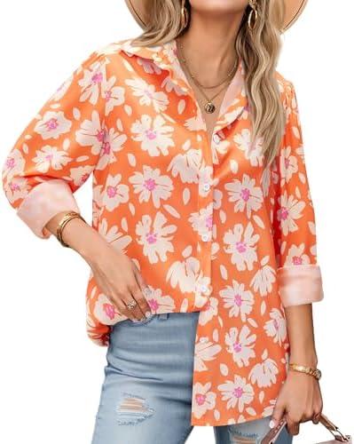 Gleeivy Floral Blouses for Women Dressy Casual Chiffon Button Down Shirts Hawaiian Printed Boho Tops Tunic Trendy 2025, S, Orange