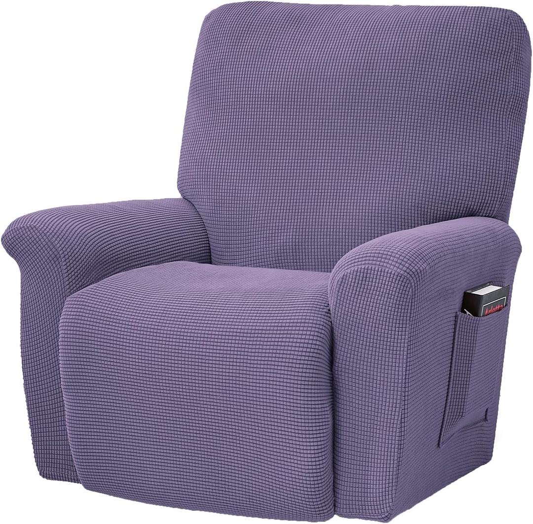 CONRUSER Stretch Recliner Chair Covers, 4-Piece Soft Sofa Cover Thick Single Seat Couch Cover Jacquard Recliner Slipcover with Pocket (Purple)