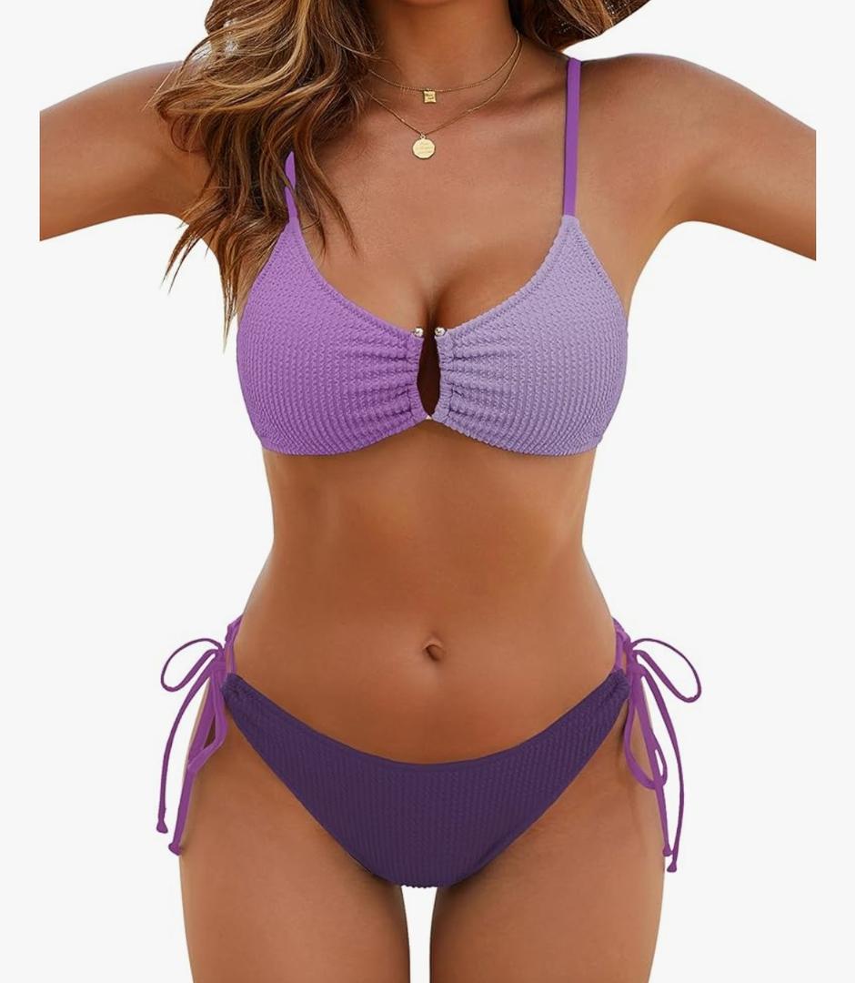 Blooming Jelly Womens Sexy 2 Piece Bikini Sets Cheeky High Cut Bathing Suit Color Block Textured U-Wire Swimsuits 2026. M