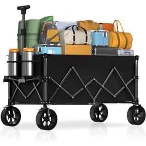 7.8 cu ft Extra Large Wagons Carts Foldable with 360lbs Weight Capacity Heavy Duty Beach Wagon with Big Wheels for Sand All Terrain Collapsible Folding Utility for Camping, Garden, Sports, Shopping (Black)