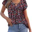 onlypuff Womens T Shirts Short Sleeve Pleated Floral Tunic Tops Dressy Casual Crew Neck Summer Boho Tops Blouses (L)