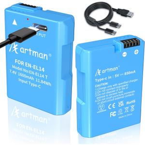 Artman EN-EL14 EN-EL14a Battery 1600mAh 2-Pack with 2-in-1 Type-C Fast Charging Cable for Nikon D3100 D3200 D3300 D3400 D3500 D5100 D5200 D5300 D5500 D5600 DF Coolpix P7000 P7100 P7700 P7800 Cameras
