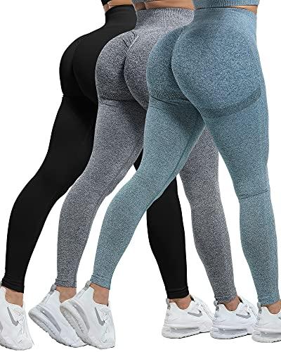 CHRLEISURE 3 Piece Workout Leggings Sets for Women, Gym Scrunch Butt Butt Lifting Seamless Leggings ( DGray, Blue, S)