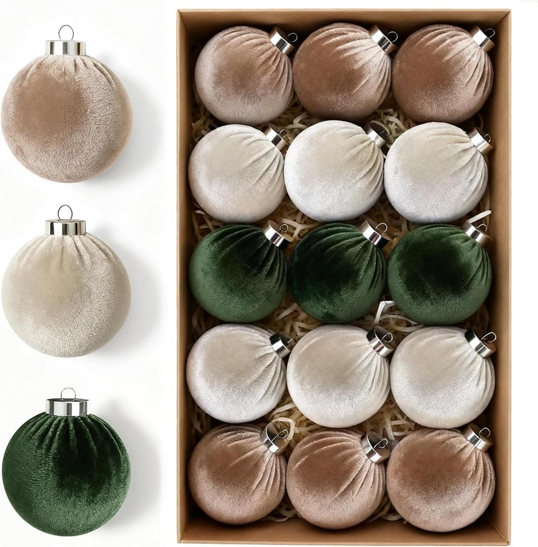 Christmas Tree Ornaments Velvet Balls 15 PCS - 3.15 Inch Shatterproof Christmas Decorations for Tree Brown Green Neutral Ornament Set Xmas Holiday Decorations Vintage Hanging Decor