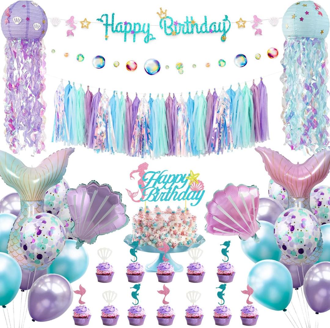 Mermaid Birthday Party Decorations Supplies Banner Tassel Garland Bubble Garland Hanging Jelly Fish Paper Lanterns Balloons Cake Topper Mermaid Happy Birthday Decorations for Women