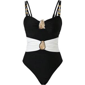 GORGLITTER Women's High Cut Metal One Pieces Swimsuits Modest Tummy Control Bathing Suit Cut Out Color Block Monokini, M
