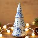 Cynkeyee Decorative Ceramic Christmas Tree Statue - Blue and White Chinoiserie Pattern Cone Shaped, Tabletop Holiday Decor 8.5x4x4 Inches