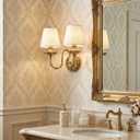 Aiwen 2-Light Bedroom Wall Lamps Polished Solid Brass Finish Wall Lights with White Flax Fabric Shade Vintage Reading Lights Wall Sconces for Bedside Hallway E12