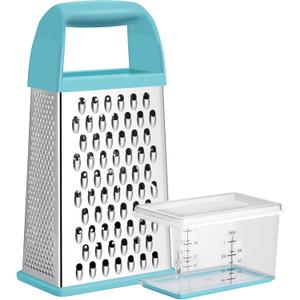 Urbanstrive Cheese Grater With Container, Professional Cheese Grater with Handle, Stainless Steel Graters for Kitchen Handheld, Box Grater with 4 Sides for Vegetables, Ginger, Potatoes (Blue)