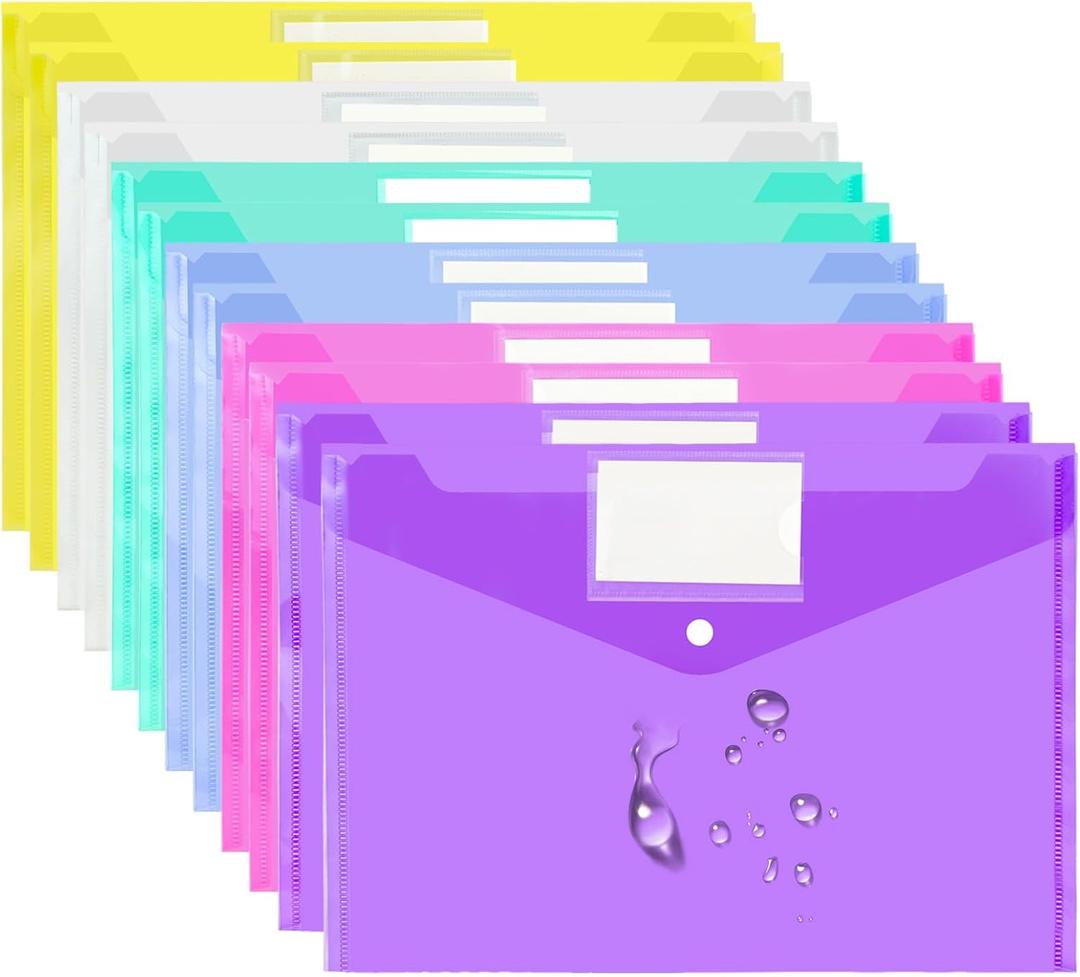 VANRA 12 Pack Plastic Envelopes Poly Envelope Clear Document Folders File Envelopes with Snap Button and Label Pocket for Office School A4 Letter Size Paper Storage, 6 Colors