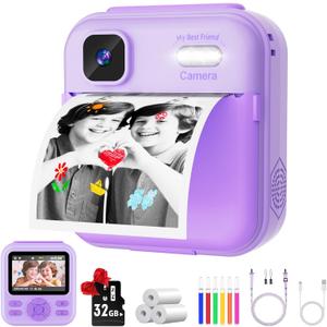 Kids Camera Instant Print for Boys and Girls, 48MP HD Cameras w/1080P Video, Print Paper, 32GB Card, Brush, Christmas Birthday Gifts Toys for Toddler and Teenagers Age 3-16 Years Old (Purple)