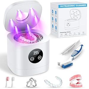 TEBAL Ultrasonic Retainer Cleaner Machine, Ultrasonic Denture Cleaner for Night Guards, Braces, Toothbrush Heads, Jewelry and More, Ultrasonic Cleaner with 250ML White-Grey