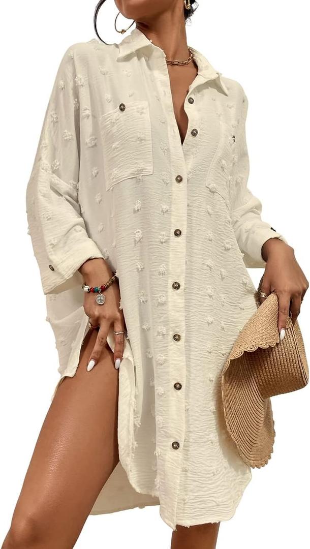 Bsubseach Women Swimsuit Coverup Blouse Button Down Shirt Dresses Swiss Dot Tops (J-apricot) 