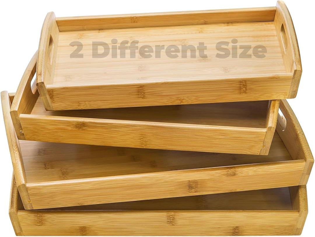 Peohud 4 Pack Bamboo Serving Trays with Handles, Rectangular Kitchen Food Tray for Eating, Dinner Trays for Eating on Couch, Wood Serving Platter for Breakfast, Tea, Bar, Restaurant, Party or Bed