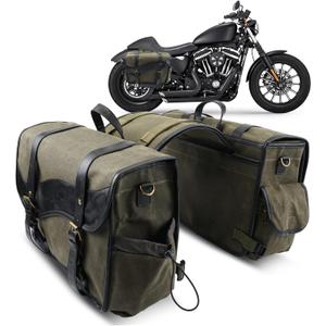 NICECNC Motorcycle Saddlebags Vintage Oil Waxed Canvas Leather, 30L Throw Over Saddle Bags Side Luggage Bags for Men Women Camping, Compatible with Harley, Honda, Suzuki, Yamaha, Adventure, Green