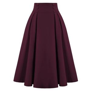 Belle Poque Women's Skirts High Waist Pleated Skirt Midi A-Line Skirt, Dark Magenta, XL