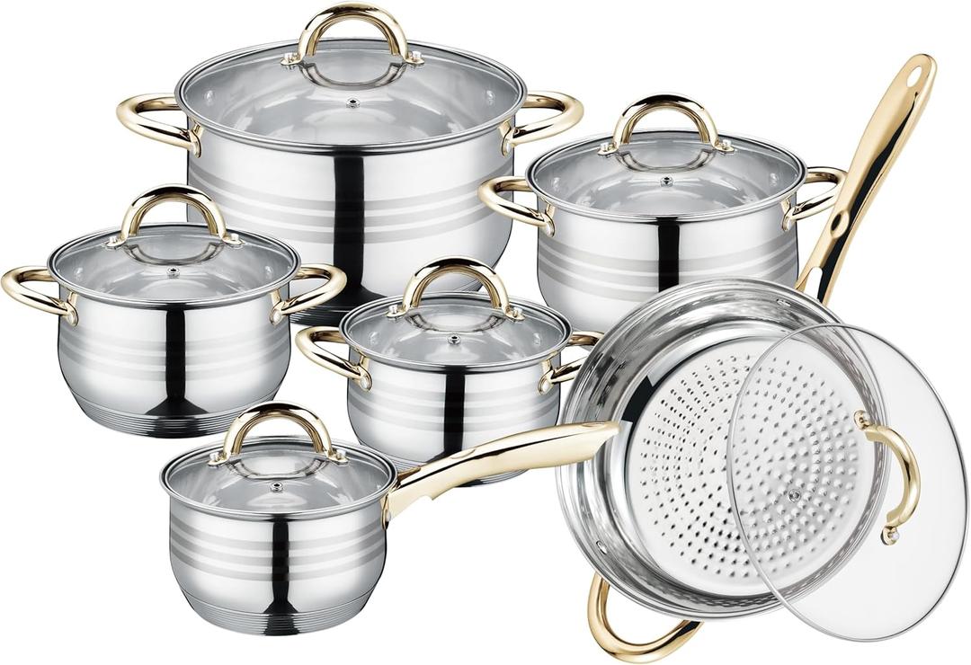Royalty Line 1231G Saucepan Set 12 Pieces - Pots Set Suitable for Induction - Cooking Pot Set & Pans - Stainless Steel Pan Set Pot Set Glass Lid Suitable for All Hobs - Gold handles