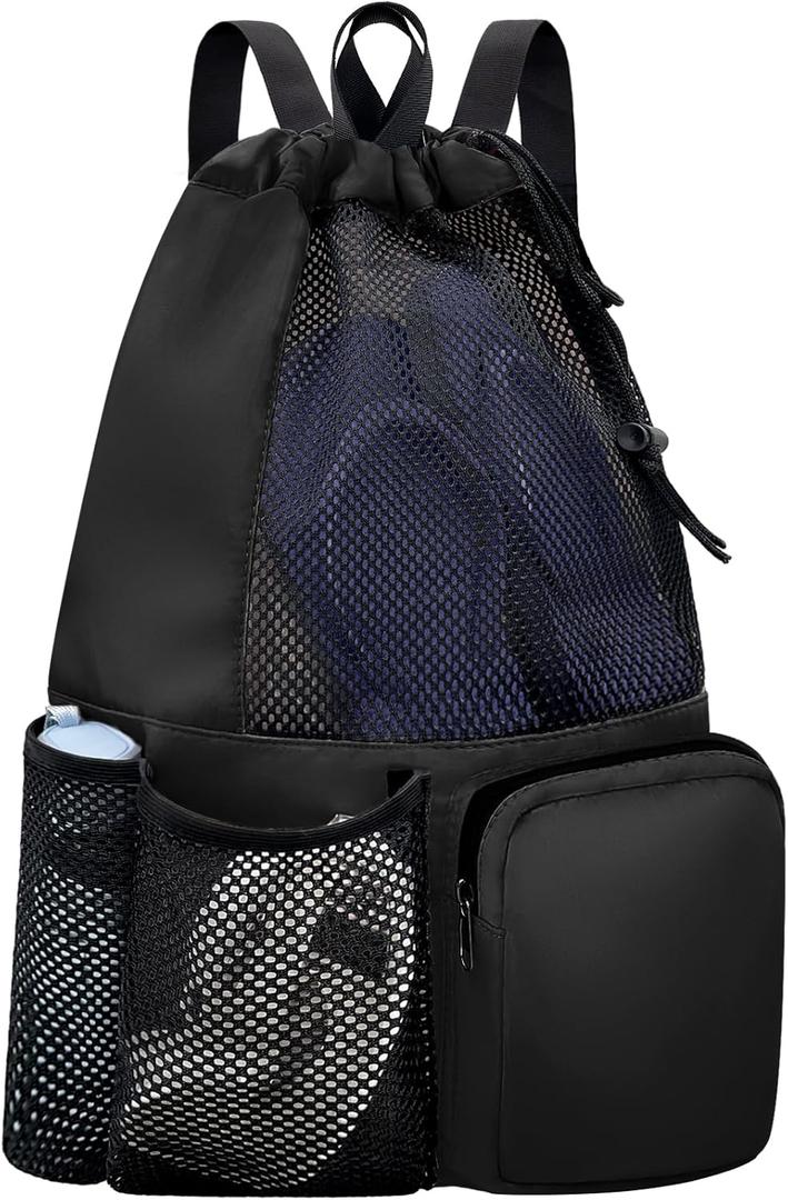 Swim Bag Mesh Beach Drawstring Backpack with Wet Pocket Waterproof for Gym Workout Men Women (Black)
