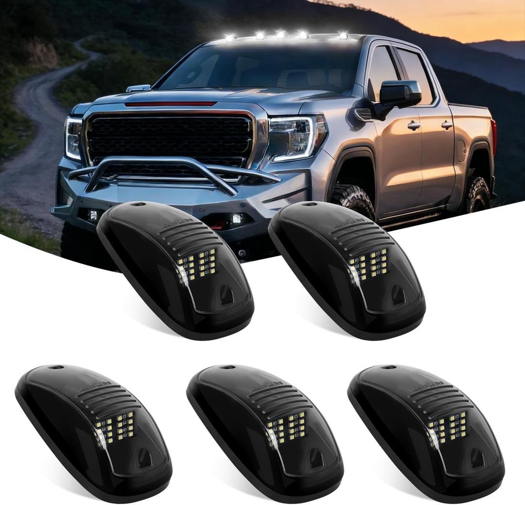 Nilight Cab Roof Marker Light 5 PCS 16 LED Smoked Lens White Top Clearance Lights Kit Waterproof Surface Mount for Ford Dodge Ram SUV POV Pickup Trucks