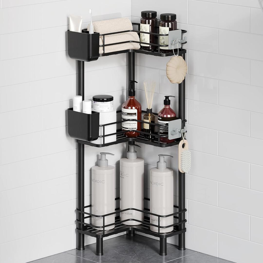 Orimade Rustproof 3 Tier Floor Standing Corner Shower Caddy Organizer with Toothbrush Holder, Large Spacing Floor Shower Shelf Rack Storage Stands with Hooks for Bathroom Kitchen, Black