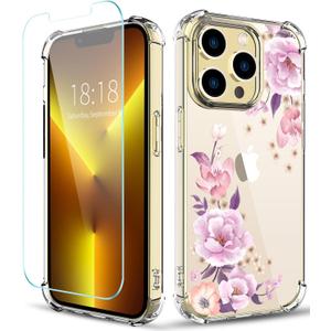 Flower Pattern Designed for iPhone 13 Pro Max Case[with Screen Protector], Floral Clear Women Phone Case Shockproof Protective Soft TPU Bumper Cover 6.7 Inch 2021 (Peony)