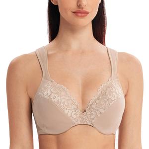 MELENECA Women's Comfort Straps Full Coverage Minimizer Plus Size Lace Underwire Bra (34E, Beige)